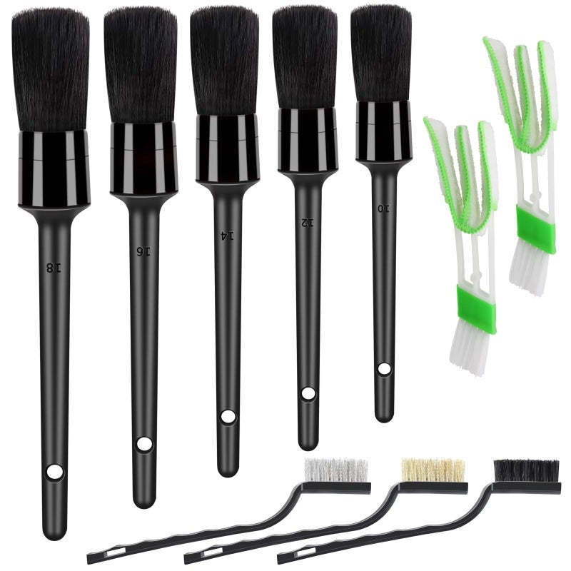 10pcs Detailing Brush Set, Multi-Purpose Car Detailing Brushes for Cleaning Car Interior, Exterior, Engine, Leather, Including 5 car Cleaning Brush, 3 Wire Brush, 2 Air Vent Brush,Black